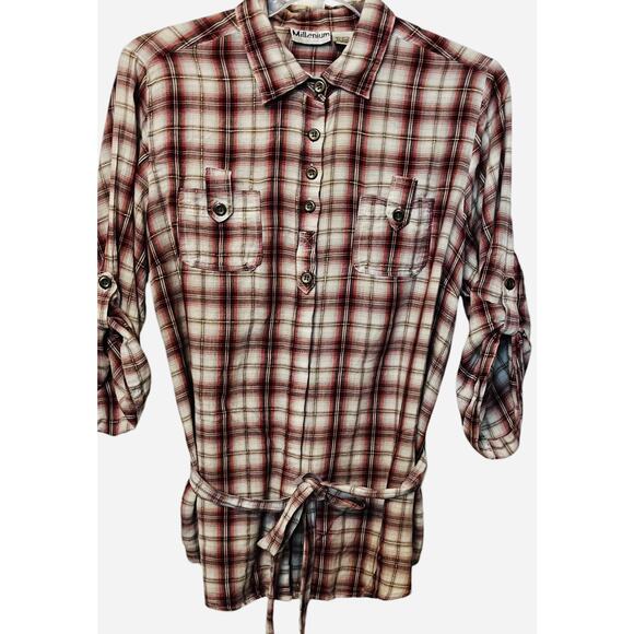 MILLENIUM LONG SLV, BUTTON-UP, POINTED COLLAR SHIRT, WOMENS, 3X, RED GREY PLAID - Picture 3 of 12